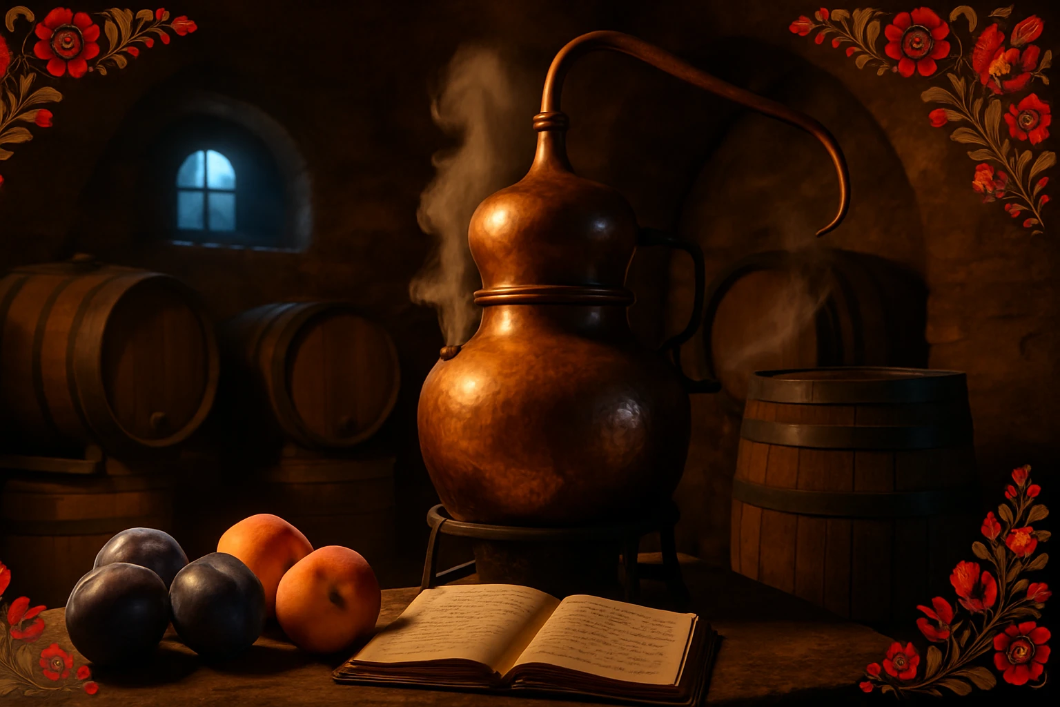 Egy régi rézüst, gőzölögve, gyümölcsök és egy nyitott receptkönyv mellett.