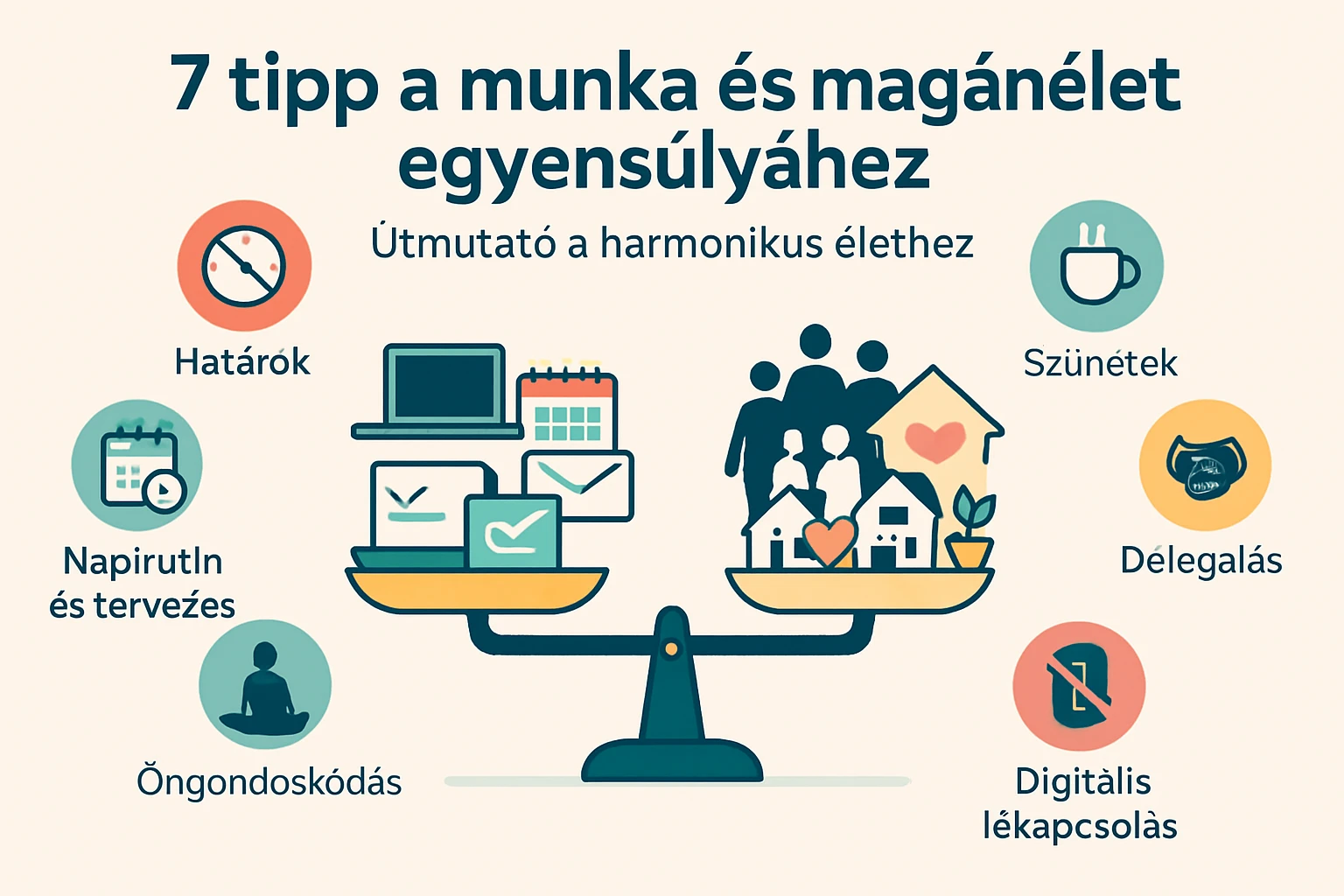 Egyensúlyozó mérleg, amelyen a munka és a magánélet szimbólumai láthatók, mint a laptop, naptár és család.