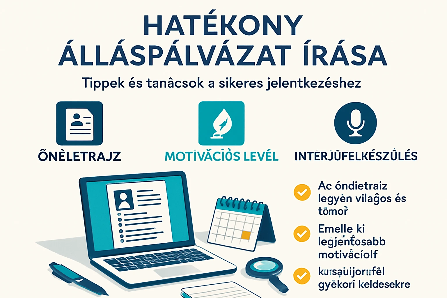 Egy laptop, önéletrajz és motivációs levél írásához szükséges eszközök, mint naptár és magnó.