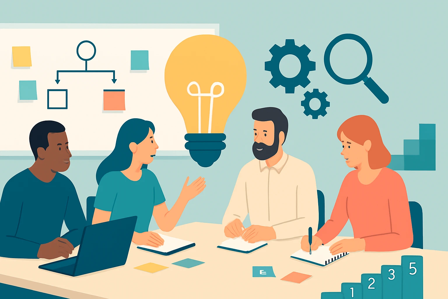 Négy ember egy asztalnál ül, brainstormingolnak, háttérben grafikus elemekkel.