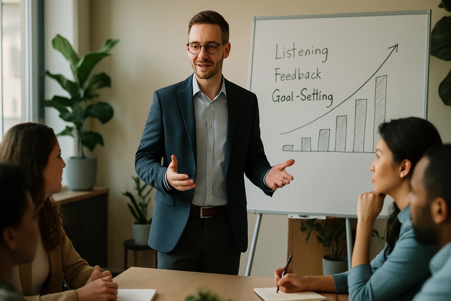 Egy férfi prezentál egy üzleti megbeszélésen, miközben a táblán célkitűzések és fejlődési grafikon látható.
