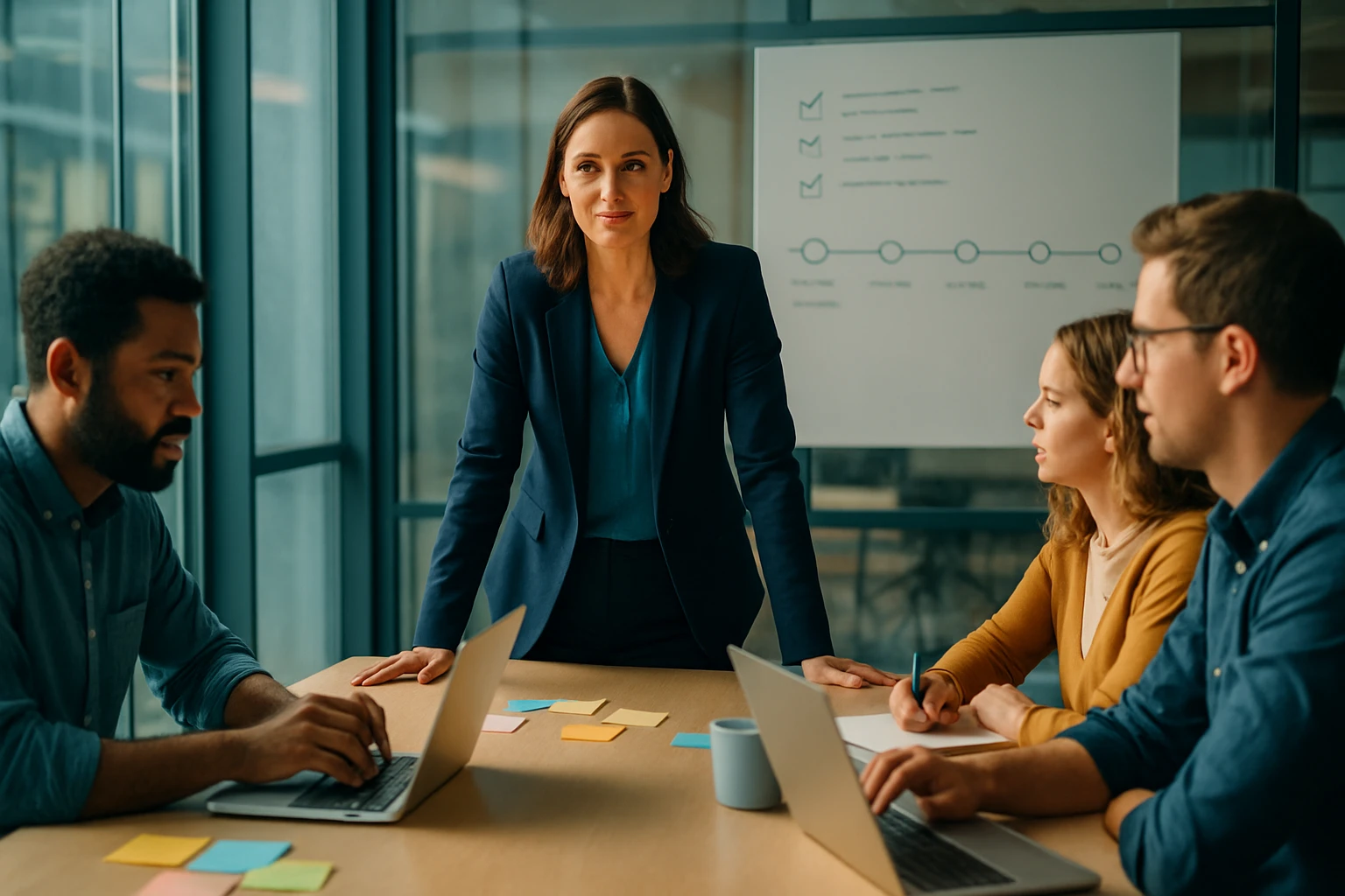 Egy nő áll a tárgyalóasztalnál, míg négy kolléga laptopon dolgozik.