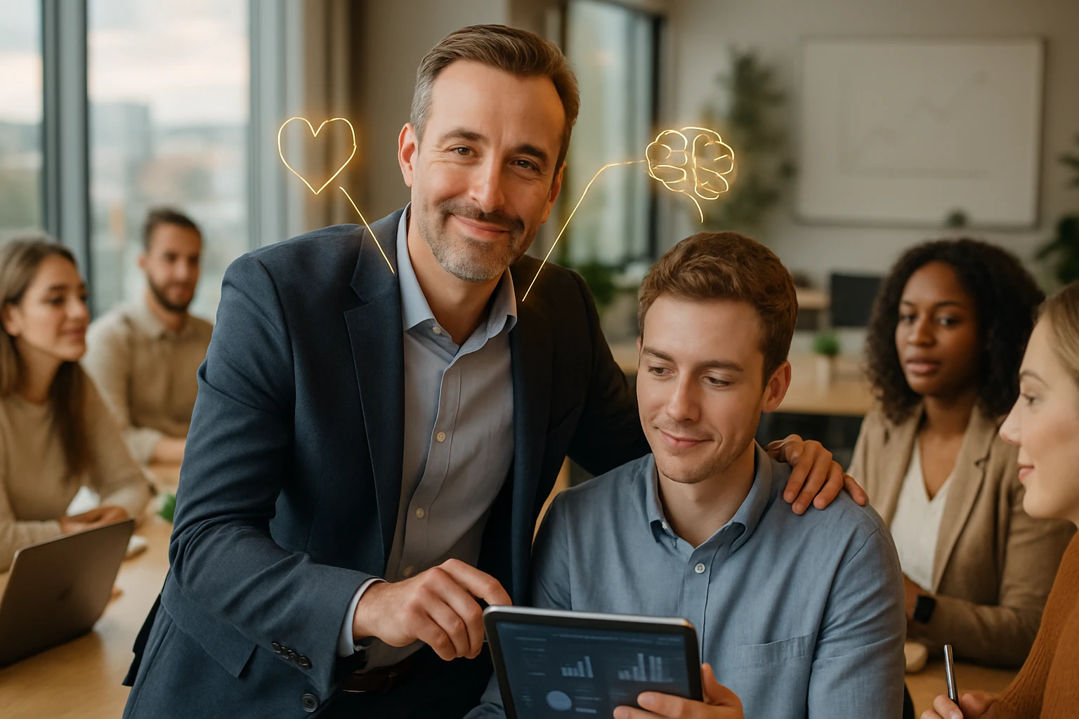 Egy üzleti megbeszélés során két férfi közösen nézi a táblagépet, miközben a háttérben több kolléga figyel.