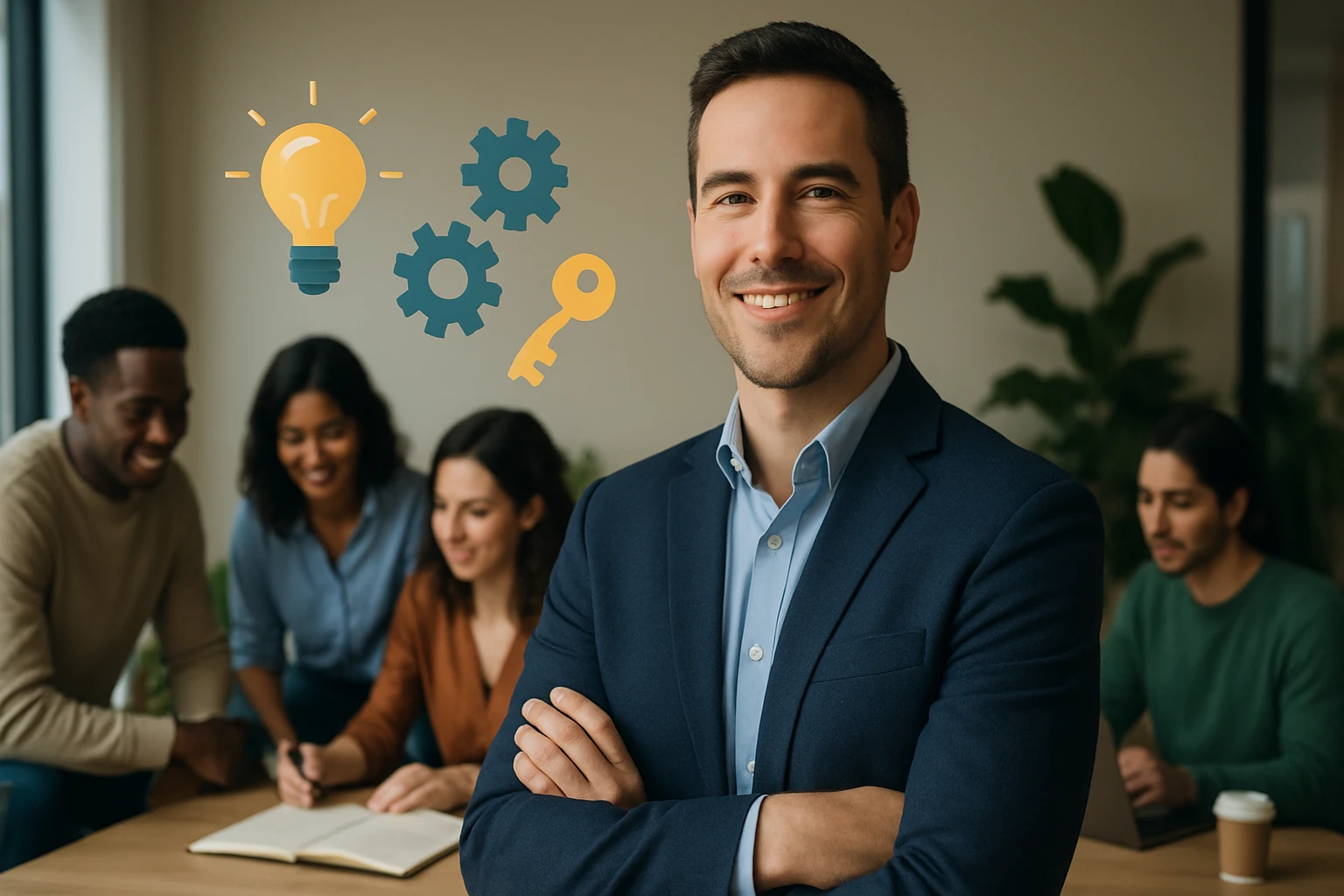 Egy mosolygó férfi áll a középpontban, míg négyen egy asztalnál dolgoznak.