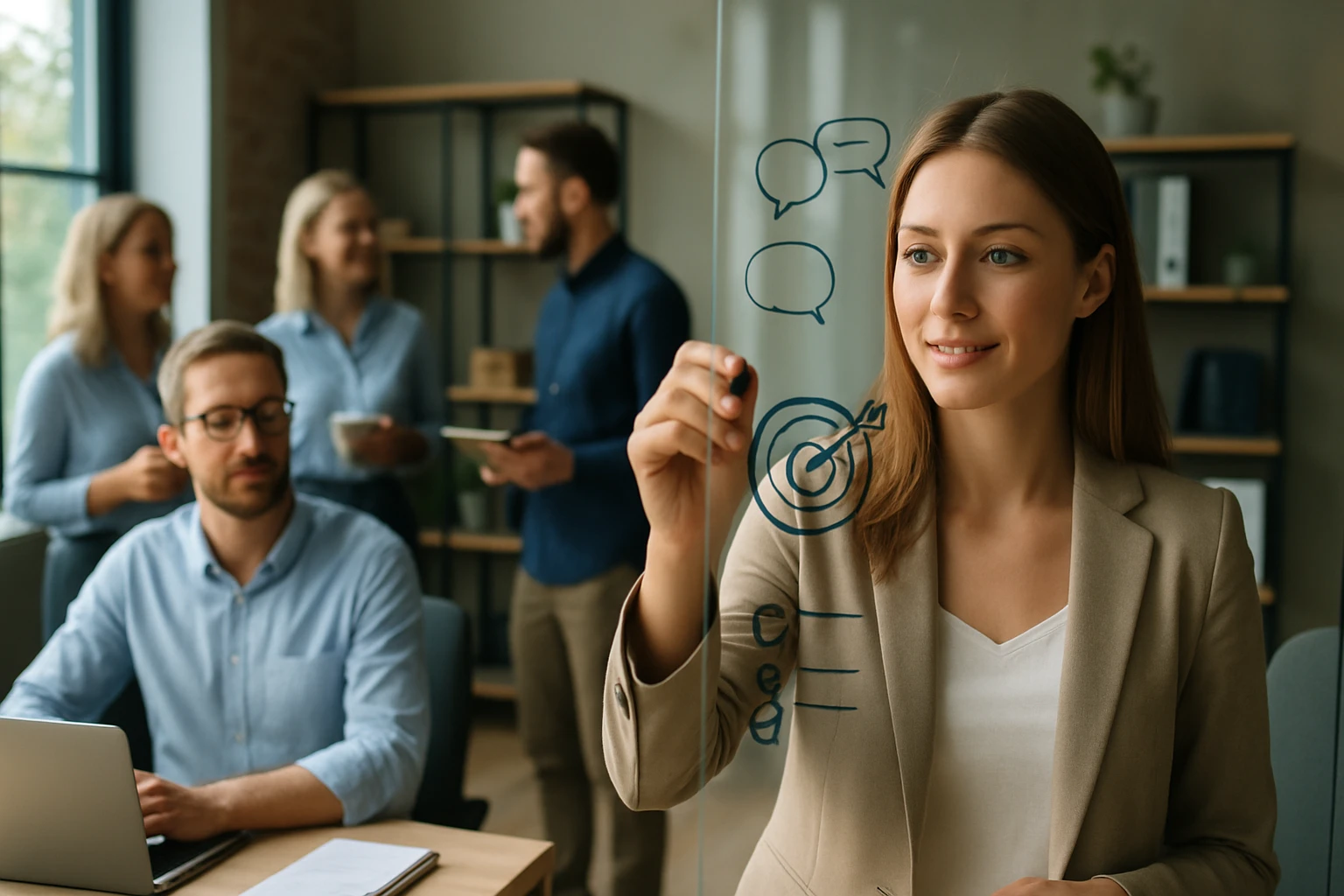 Egy fiatal nő prezentál egy üvegfalra, miközben csapatmunka folyik a háttérben.