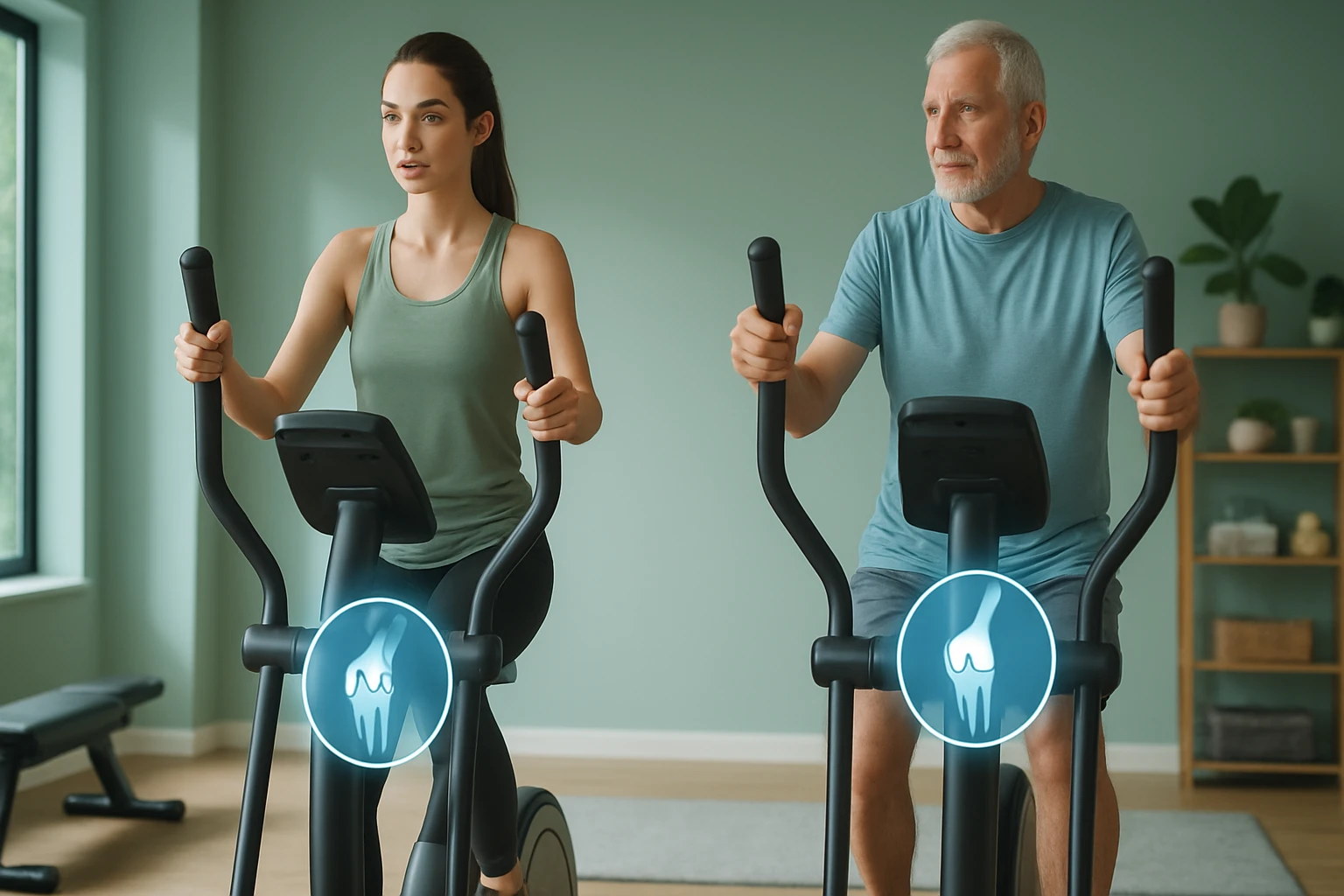 Két ember edz egy elliptikus gépen, a háttérben világos zöld fal és növények láthatók.