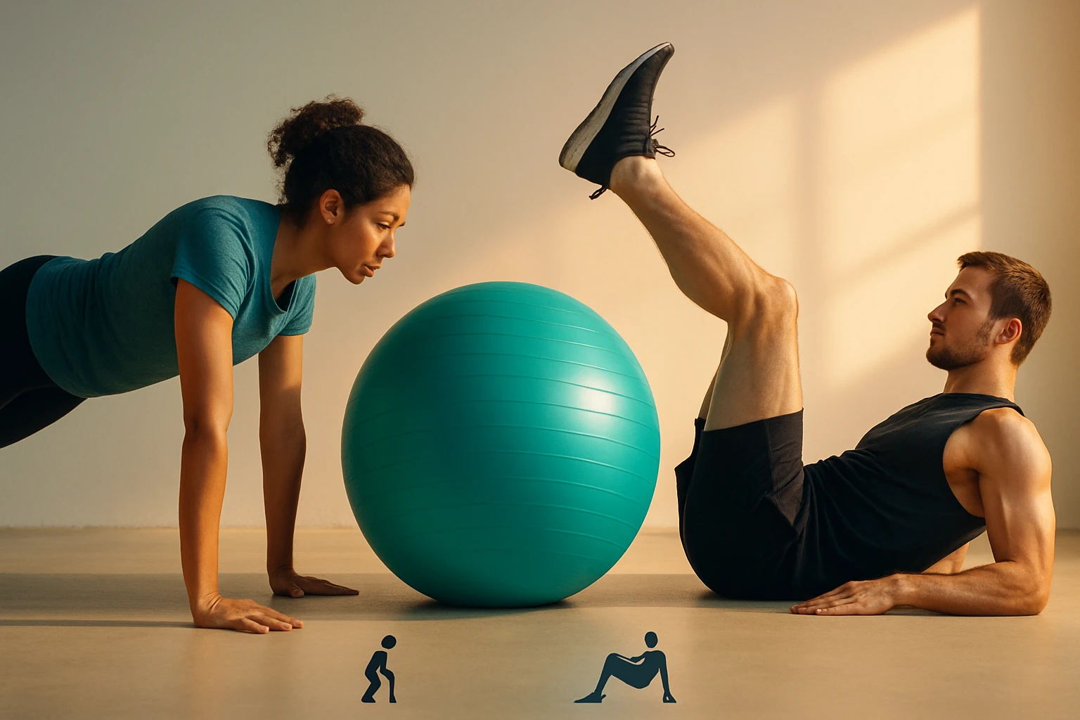 Két ember edz egy zöld fitneszlabdával, az egyik fekvőtámaszban, a másik lábemelést végez.