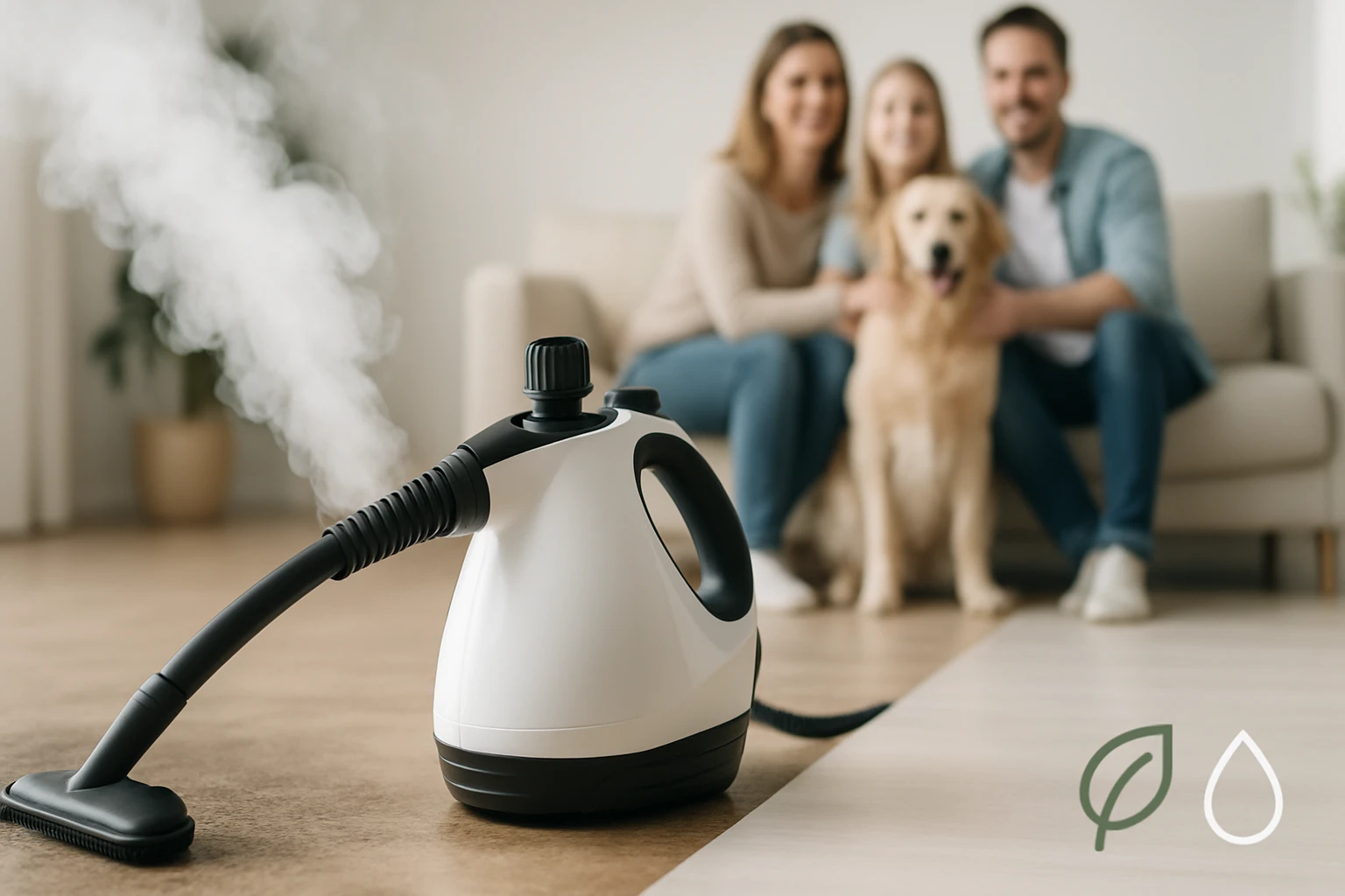 Egy gőztisztító, amelyből gőz száll fel, a háttérben egy család és egy kutya látható.