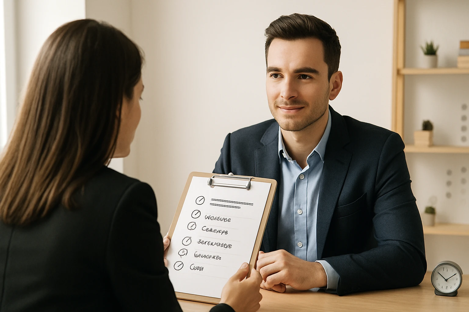 Egy férfi és egy nő ül egy asztalnál, a nő egy jegyzettömböt tart, amelyen feladatok láthatók.
