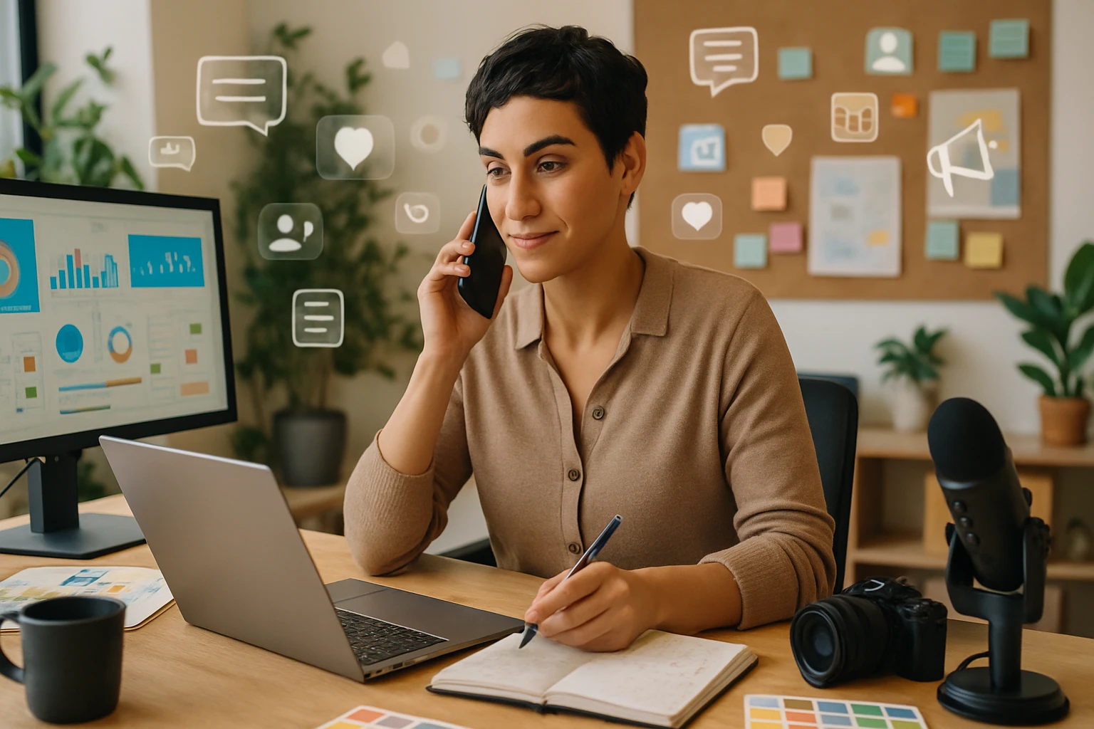 Egy fiatal nő telefonál, miközben jegyzetel egy laptop előtt, háttérben grafikonokkal.