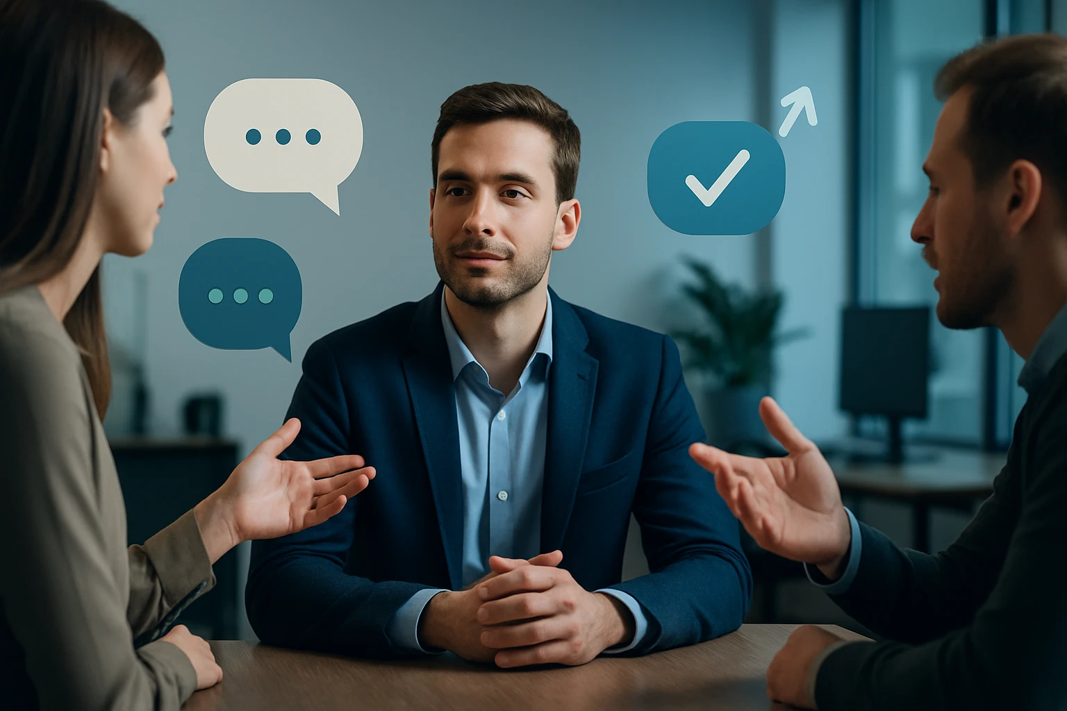 Két ember beszélget egy férfi előtt, aki figyelmesen hallgat, háttérben beszélgető buborékokkal.