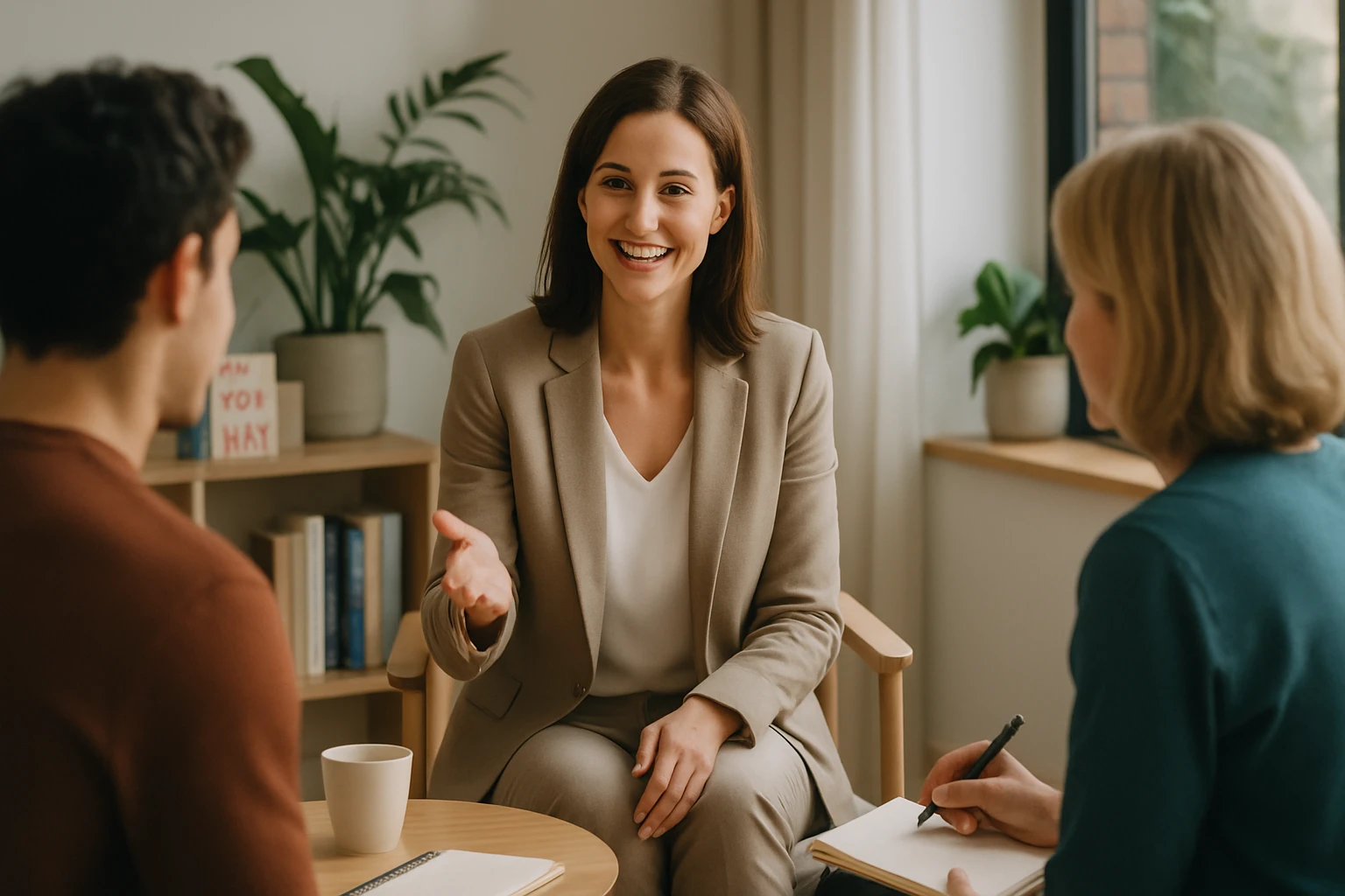 Egy nő beszélget két emberrel egy világos, barátságos irodában, miközben jegyzetelnek.