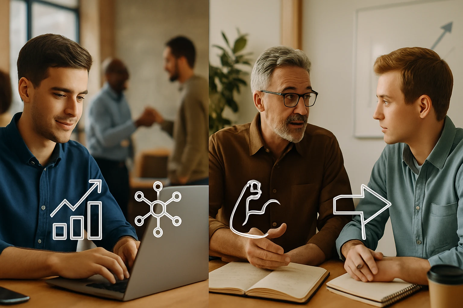 Két férfi beszélget egy irodai környezetben, az egyik laptopon dolgozik, a másik tanácsot ad.