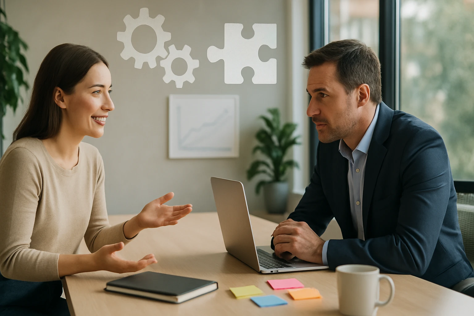 Egy nő beszélget egy férfival egy irodai környezetben, laptop előtt ülve.