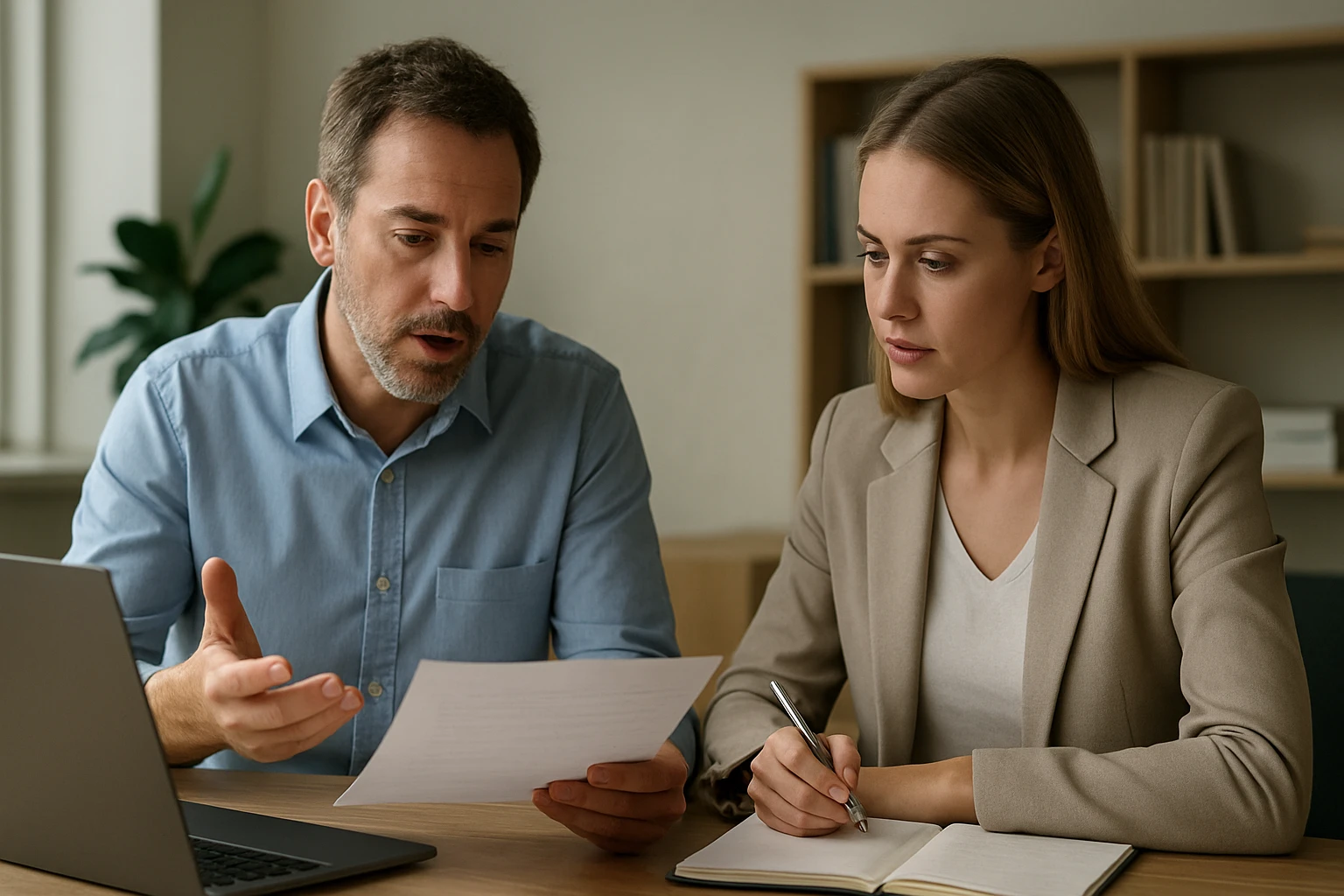 Egy férfi és egy nő ül egy asztalnál, a férfi papírt mutat, a nő figyelmesen nézi.