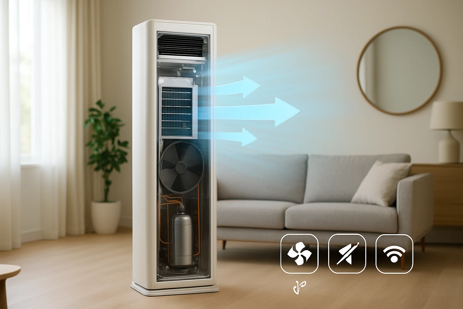 Modern légkondicionáló berendezés, amely friss levegőt fúj a szobába.