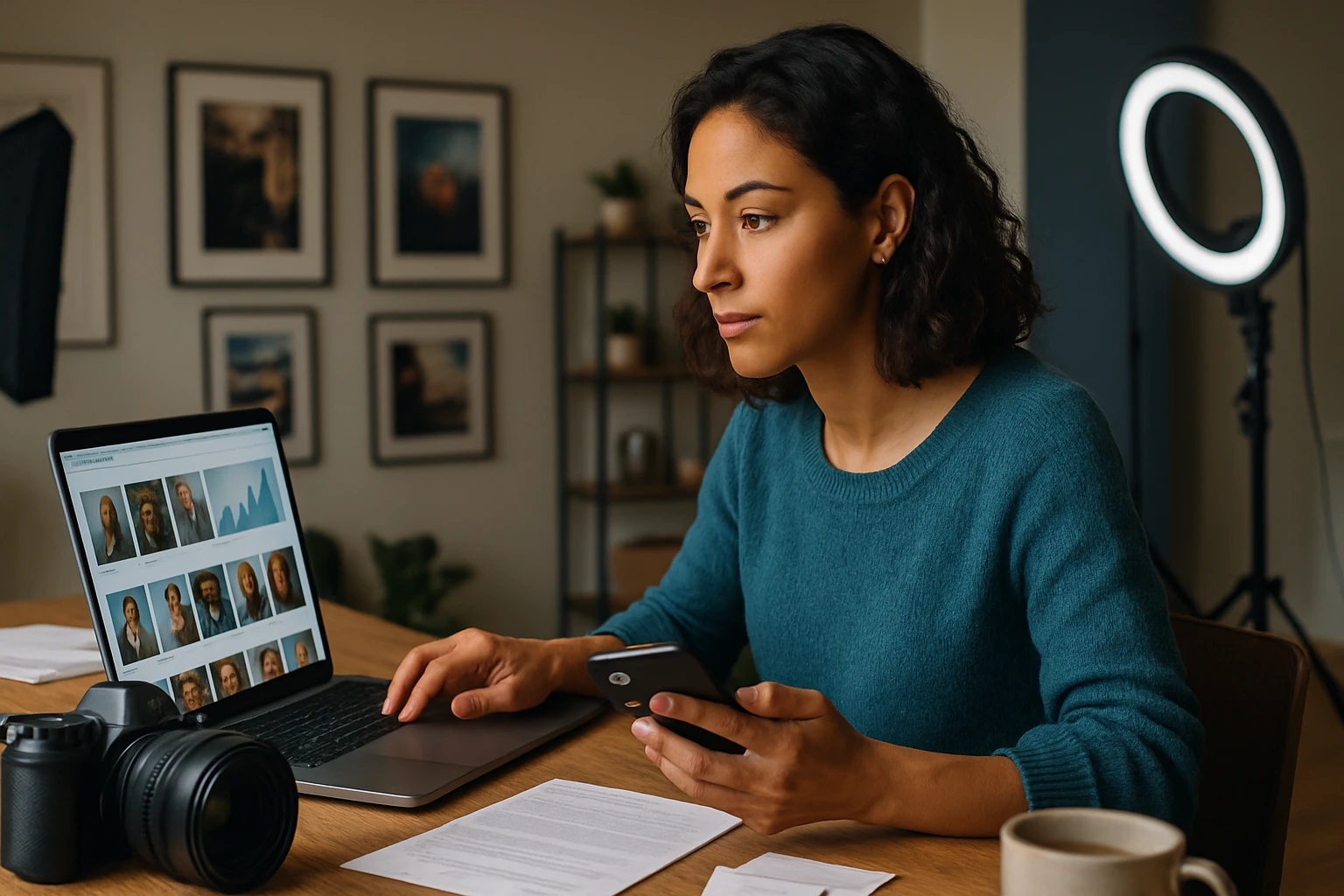 Egy nő a laptopján dolgozik, miközben okostelefonját nézi, háttérben fényképezőgép és iratok.