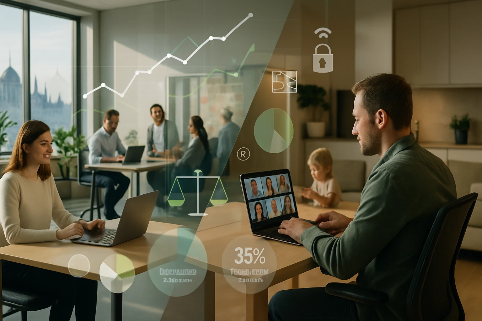 Egy modern irodai környezetben dolgozó férfi laptopján videókonferencia zajlik, míg a háttérben kollégák beszélgetnek.