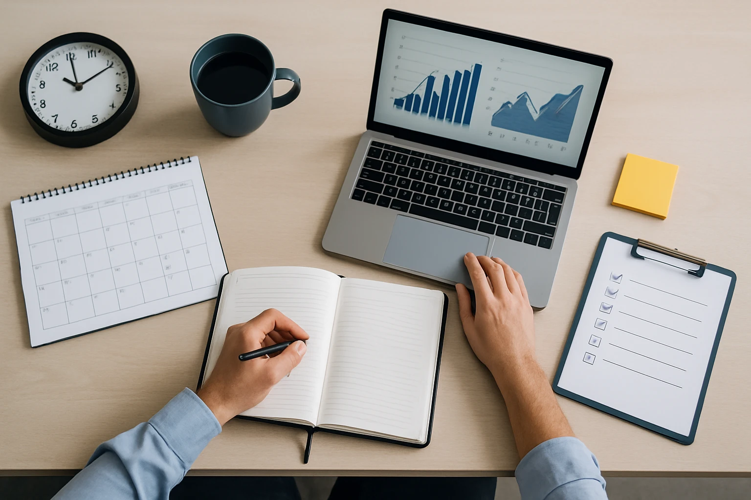 Egy asztalon laptop, notesz, naptár és kávéscsésze látható, miközben egy kéz jegyzetel.