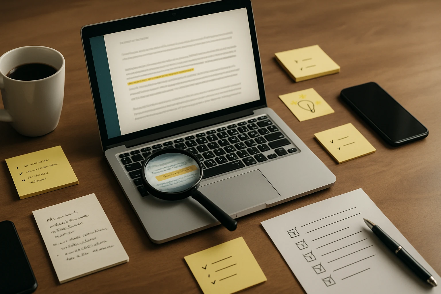 Egy laptop, jegyzetek és egy magnifying glass egy íróasztalon, kávé mellett.