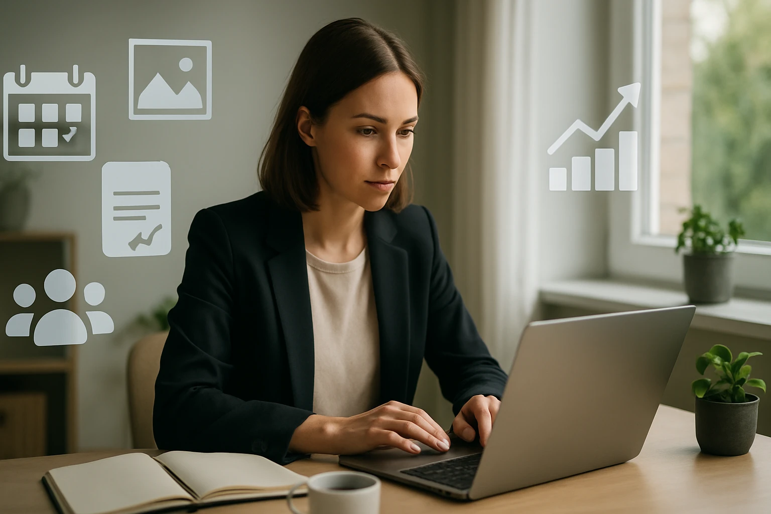 Egy fiatal nő laptop előtt ül, figyelmesen dolgozik, körülötte digitális ikonok.