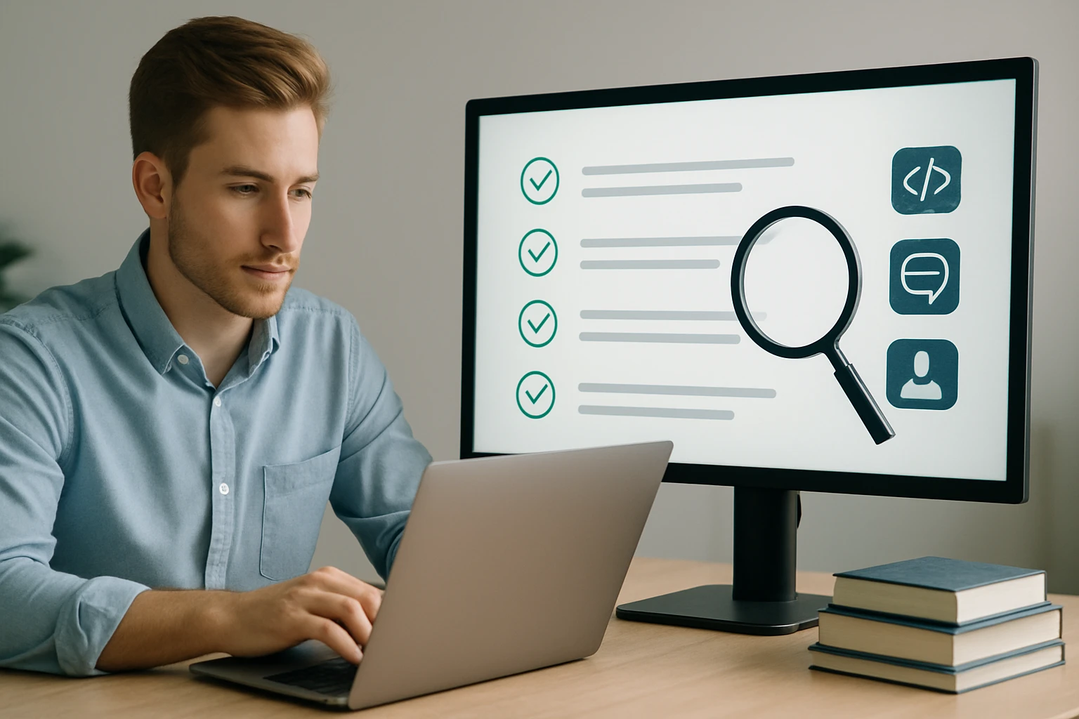 Egy fiatal férfi laptopon dolgozik, miközben a monitorján ellenőrzőlisták láthatók.