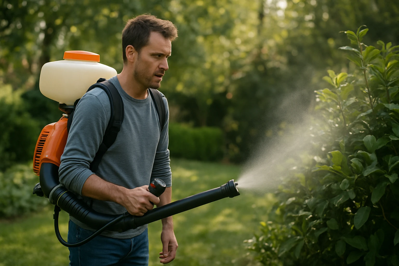 Egy férfi növényvédő szert permetez egy zöld kertben, hátán permetezőgéppel.