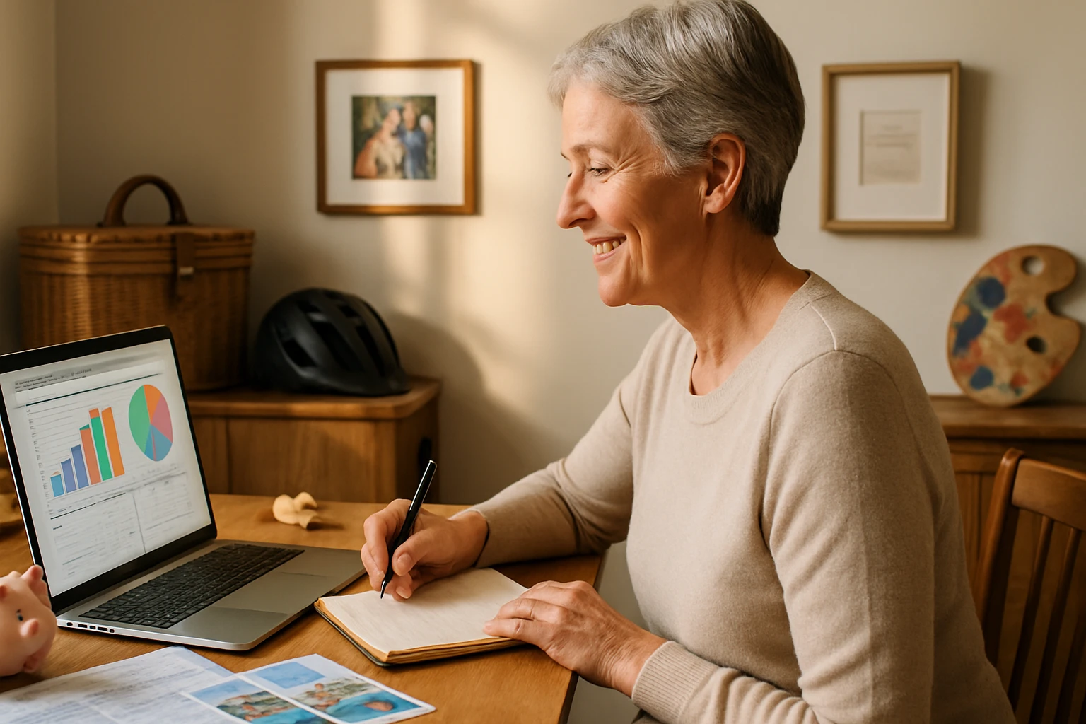 Egy mosolygó idősebb nő jegyzetel egy laptop előtt, grafikonokkal.