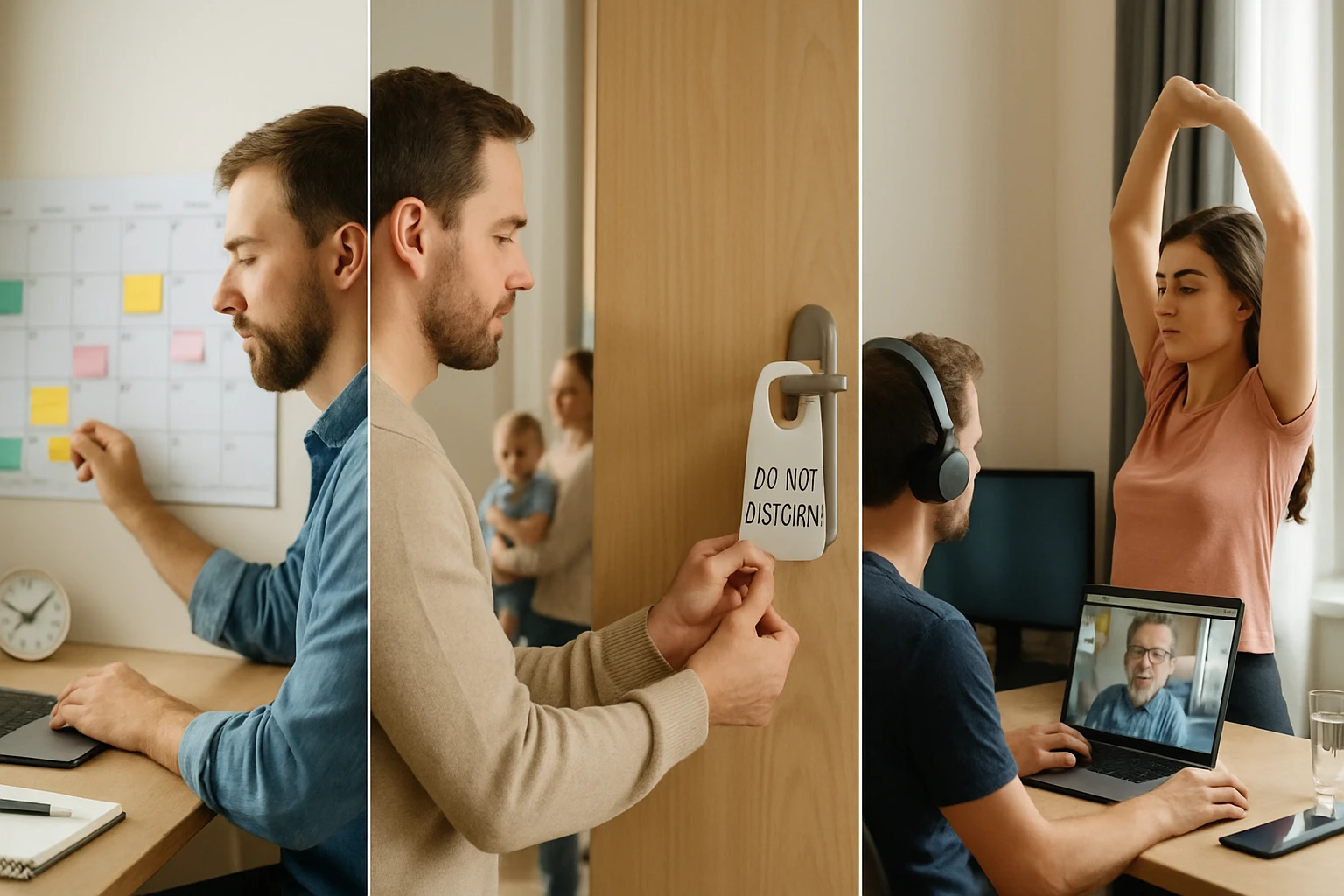 Egy férfi a naptárát nézi, míg egy másik szobában egy nő nyújtózik, háttérben gyermekkel.