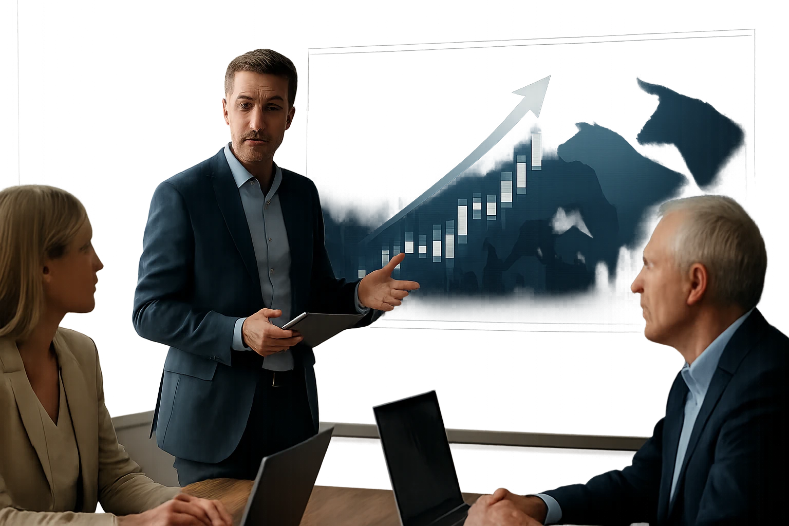 Egy férfi prezentál egy grafikon előtt, amely növekvő trendet mutat, míg két kollégája figyelmesen hallgat.