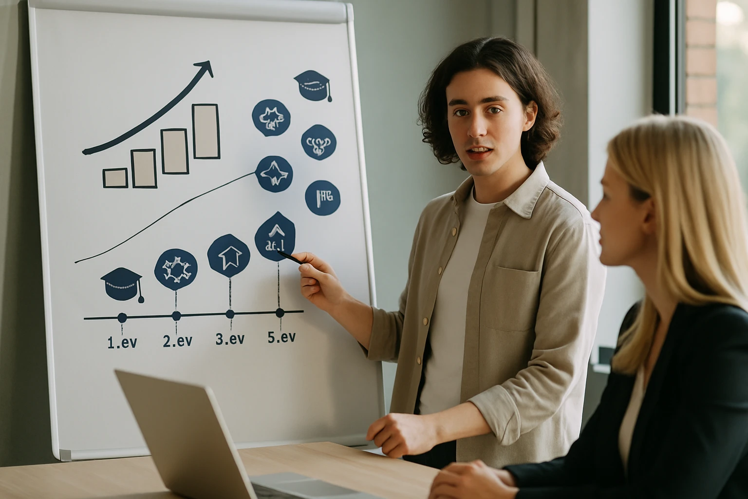 Egy fiatal férfi prezentál egy diagramot, amely a fejlődést mutatja, miközben egy nő figyelmesen hallgat.