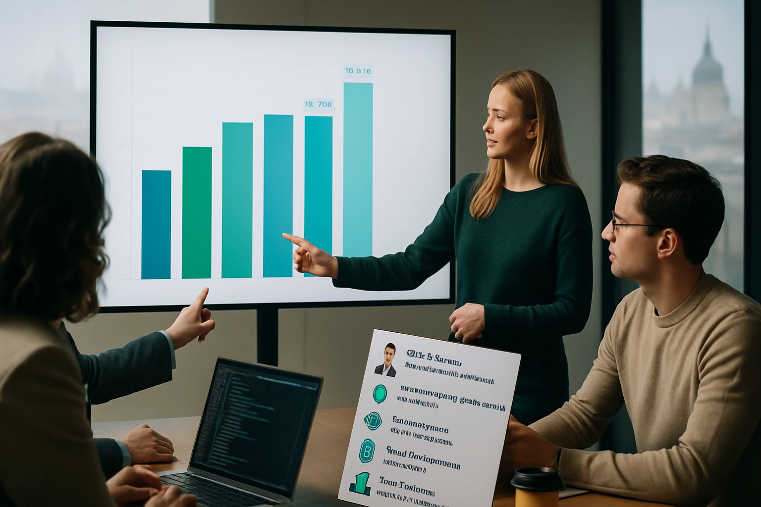 Egy nő prezentál egy grafikonon, amely a növekvő adatokat mutatja, míg a férfiak figyelnek.