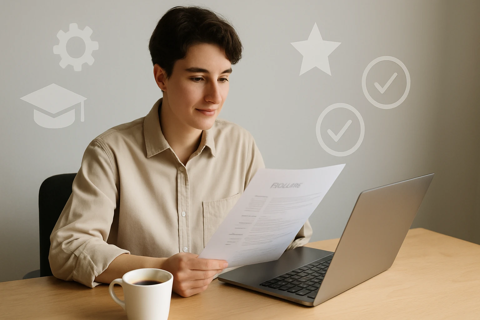 Egy fiatal nő ül egy asztalnál, papírt olvasva, laptop előtt, mellett egy csésze kávé.