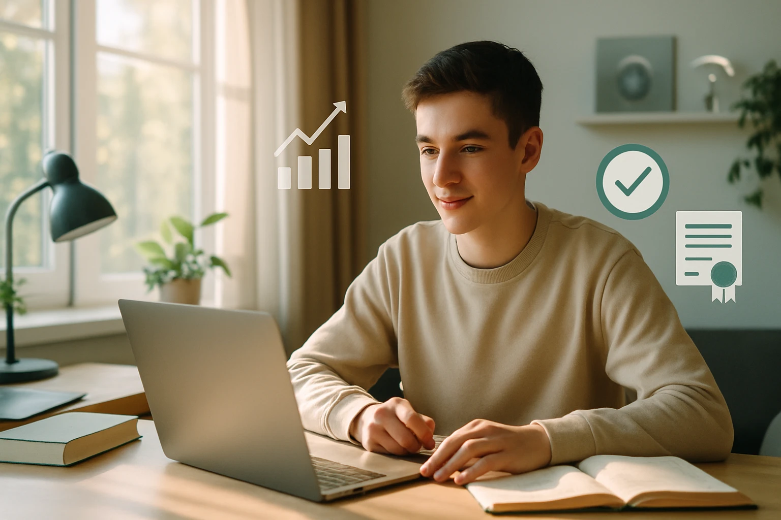 Egy fiatal fiú ül egy asztalnál, laptop előtt, tanulás közben, mellette növény és könyv.