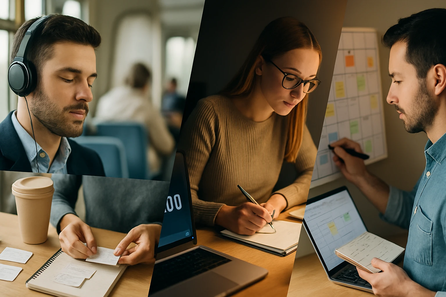 Különböző emberek tanulnak és dolgoznak, laptopokkal és jegyzetfüzetekkel.