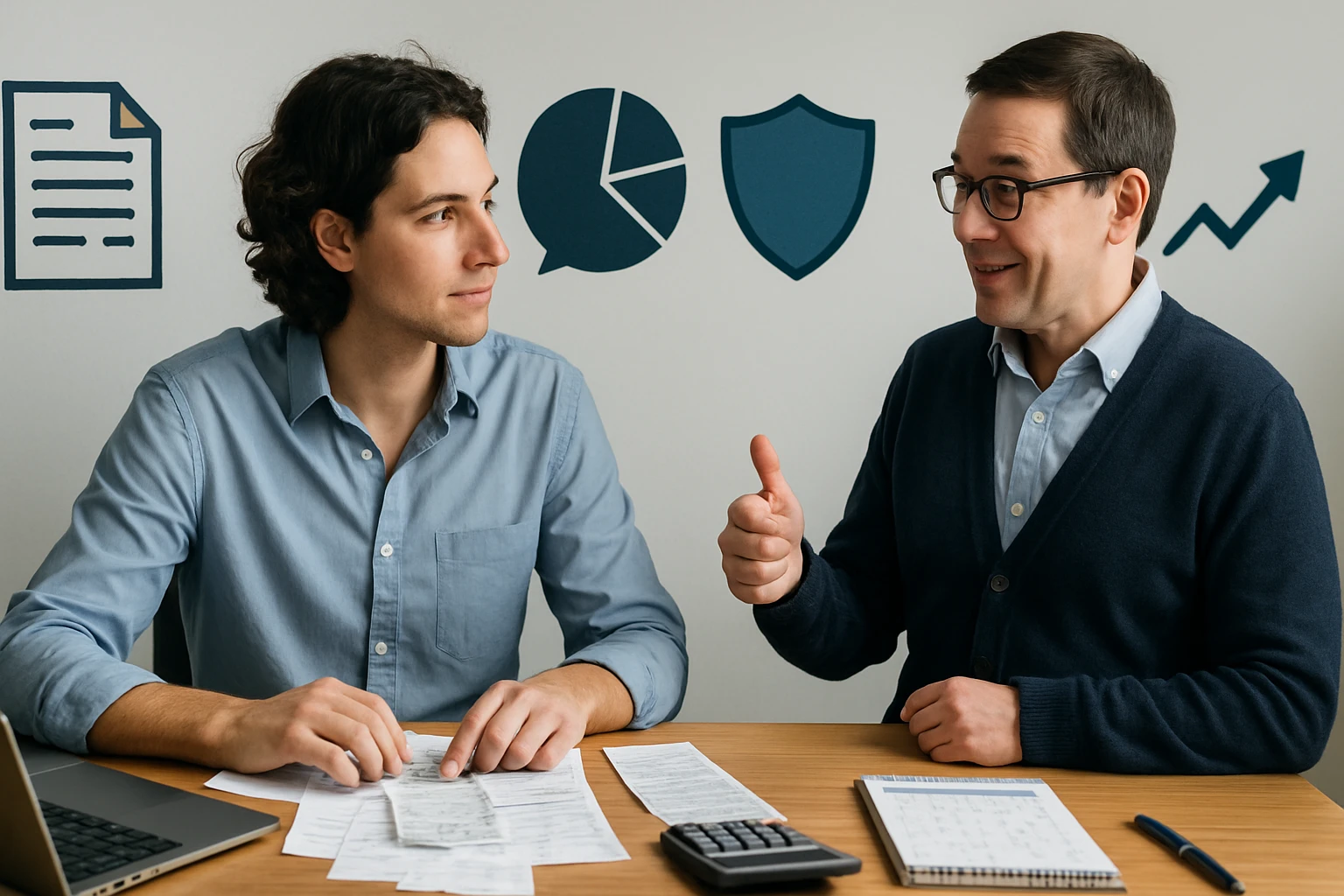 Két férfi ül egy asztalnál, papírokat és számológépet használnak, háttérben grafikai elemekkel.
