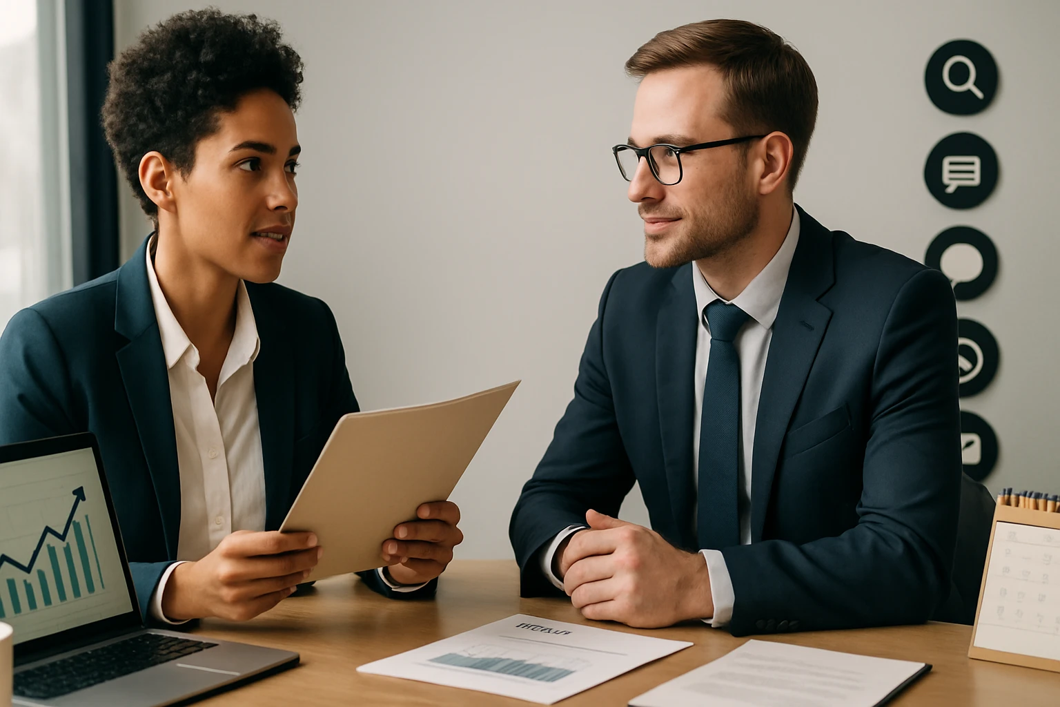 Két üzletember, egy nő és egy férfi, tárgyalnak egy asztalnál, dokumentumokat néznek.