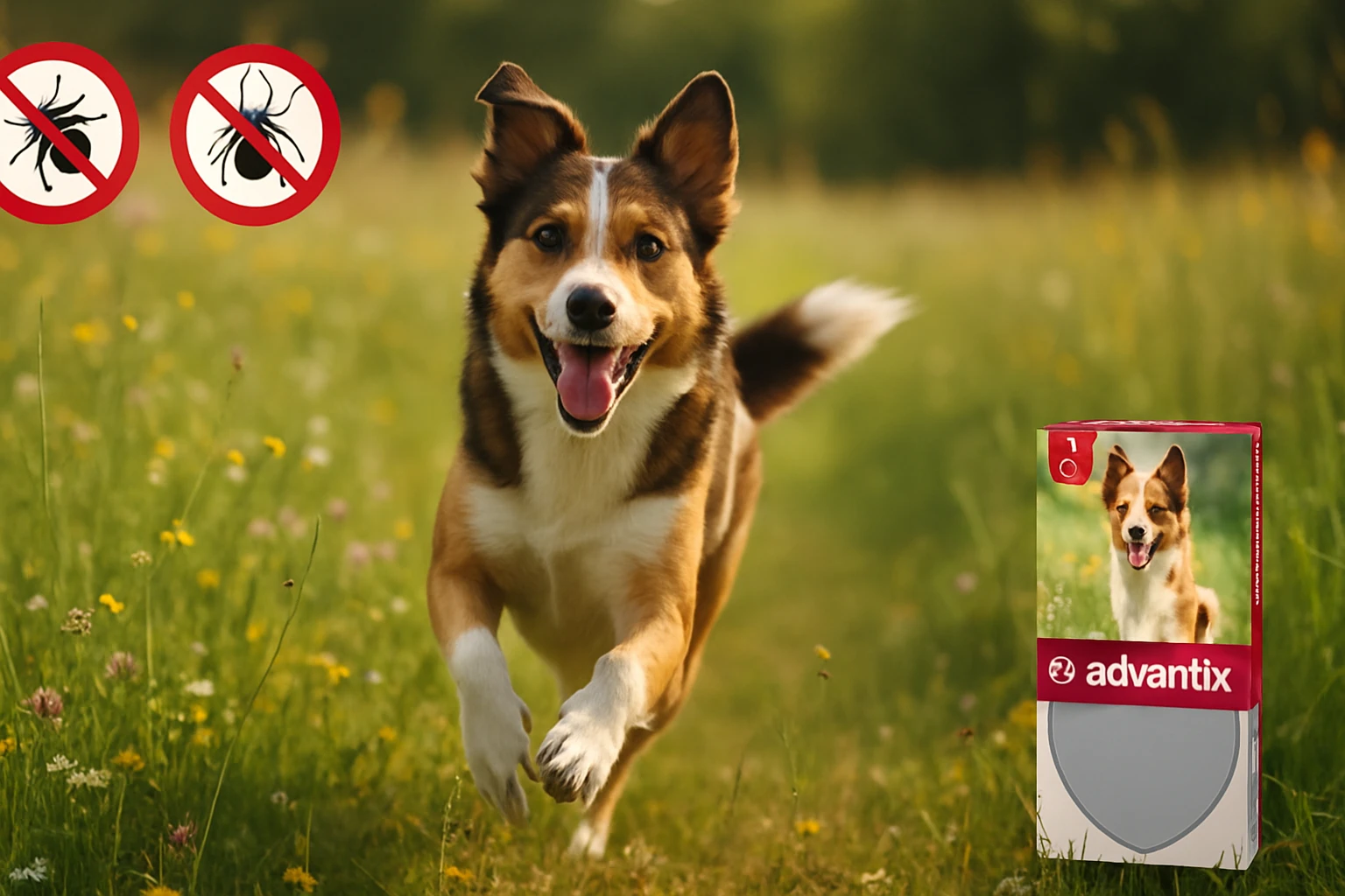 Egy boldog kutya fut a zöld réten, mellette egy rovarriasztó termék látható.