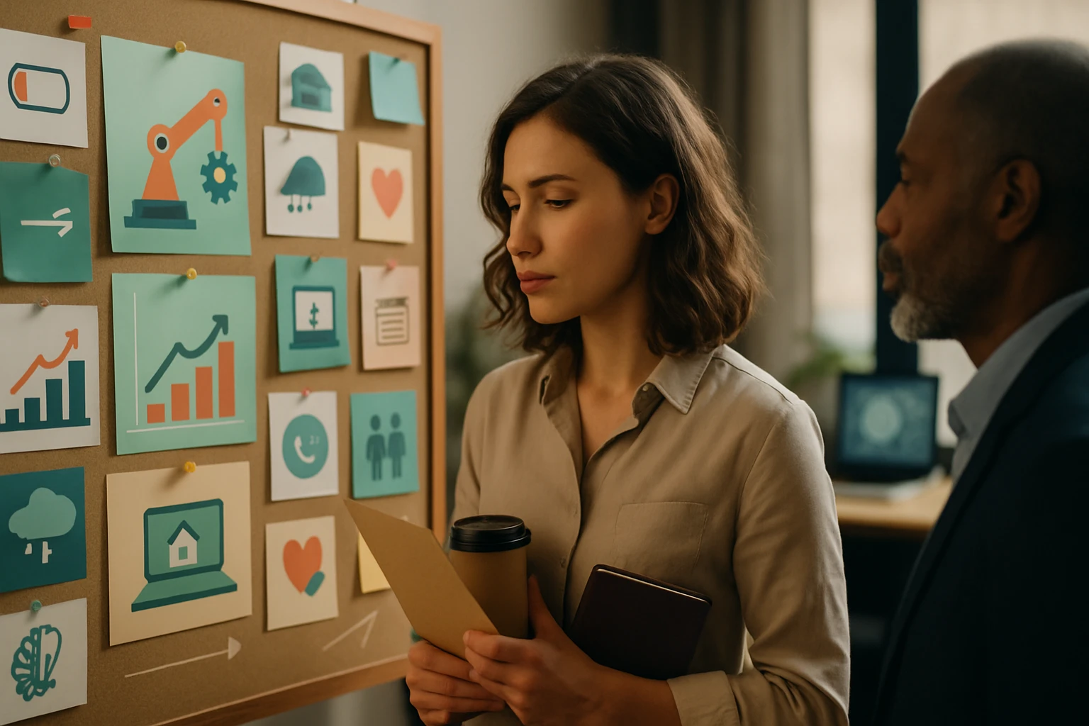 Két ember egy táblán lévő grafikonokat és ikonokat néz, miközben egy kávét tartanak.