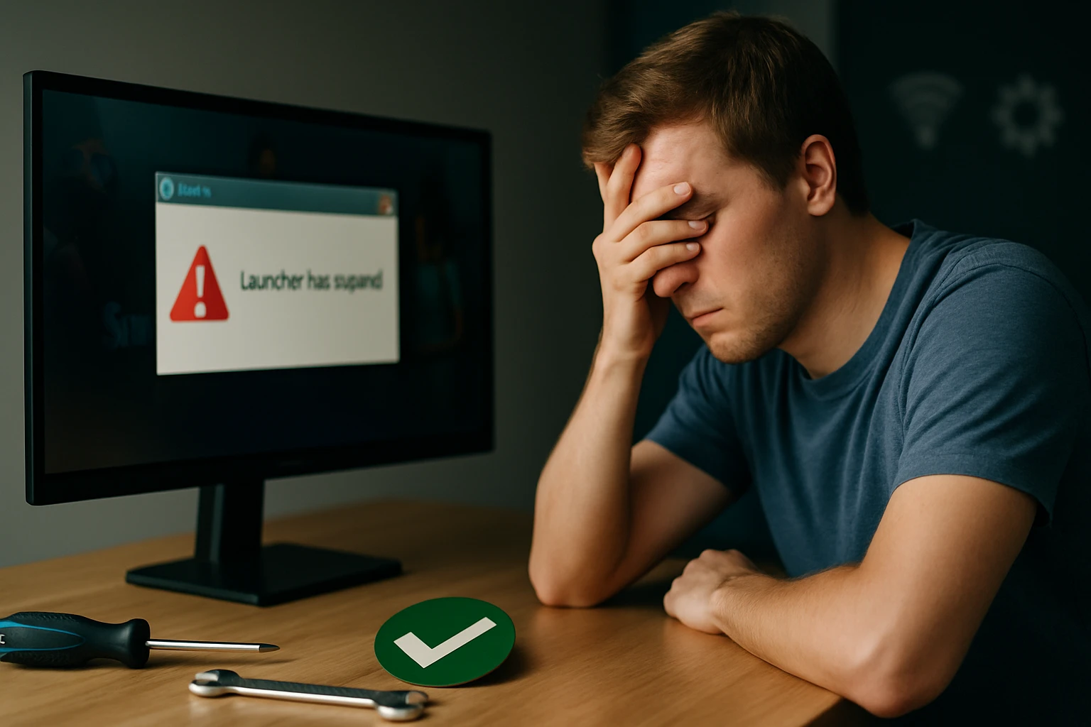 Egy fiatal férfi kétségbeesetten néz a számítógépére, ahol hibaüzenet látható.