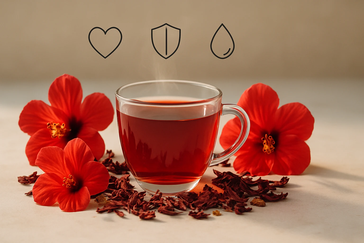 Egy átlátszó pohárban gőzölgő hibiszkusz tea, piros virágokkal körülvéve.