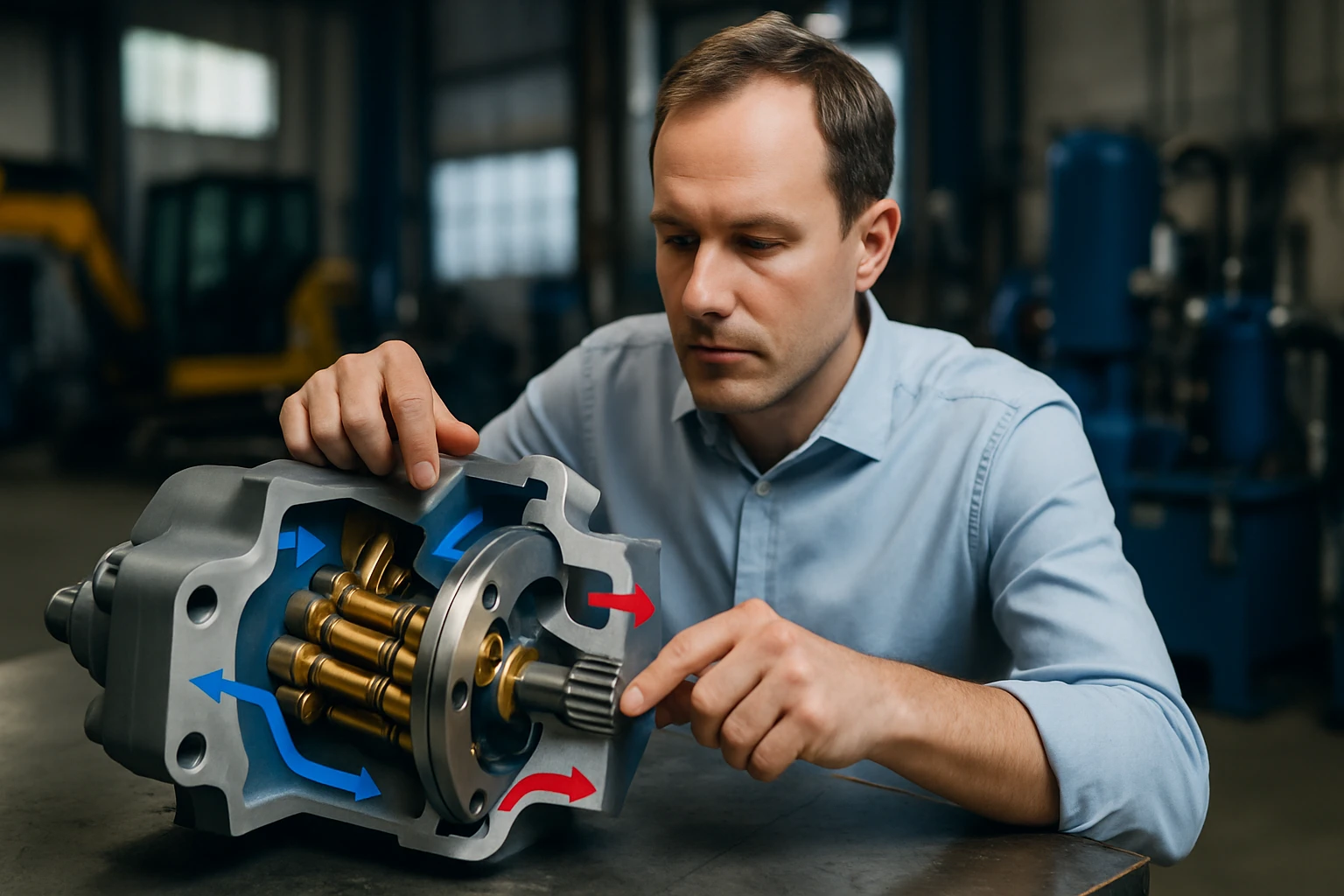 Egy férfi egy hidraulikus szivattyú belső szerkezetét vizsgálja, miközben mutatja a működési irányokat.