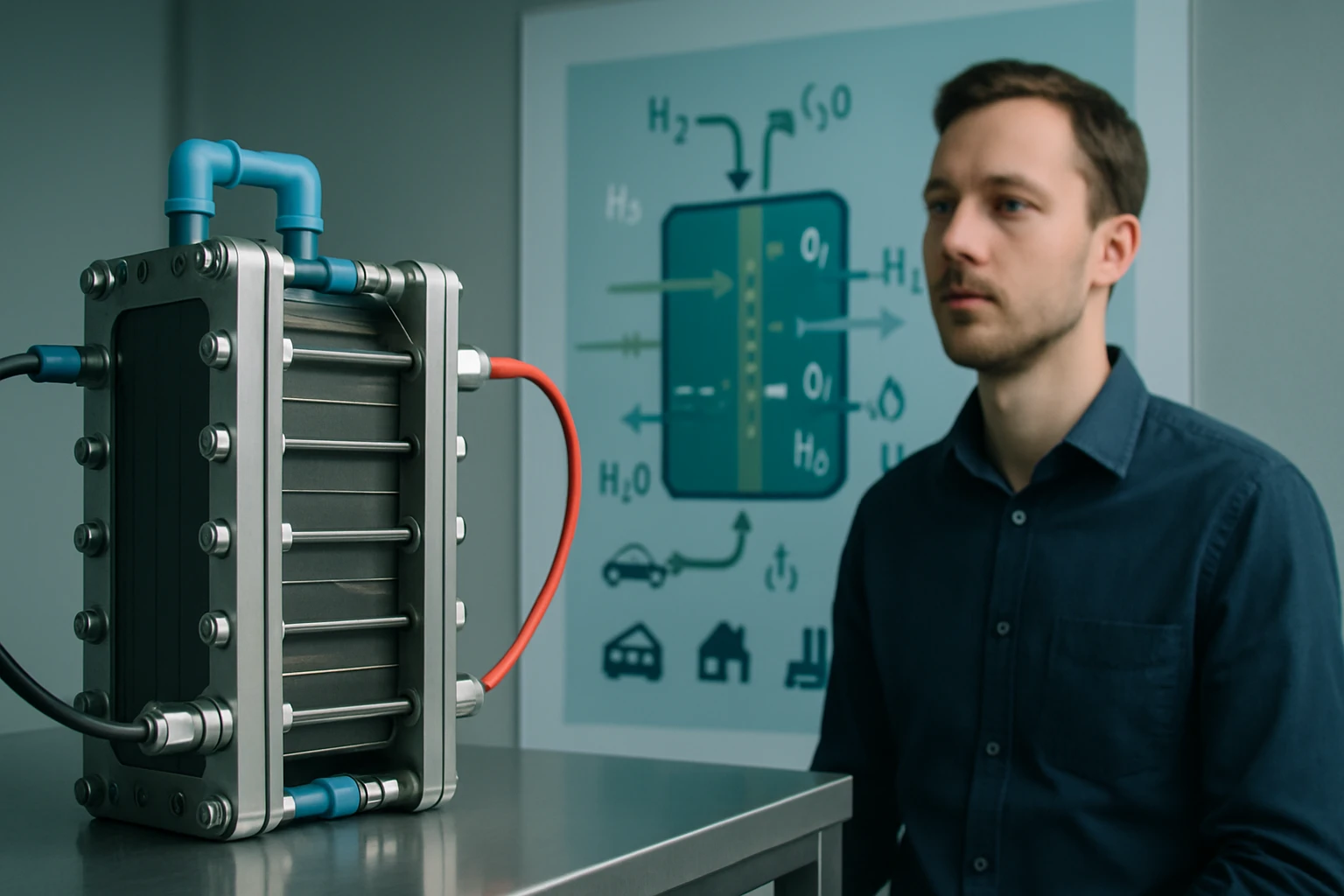 Egy férfi figyeli a hidrogén üzemanyagcellát, amely a jövő energiatechnológiáját képviseli.