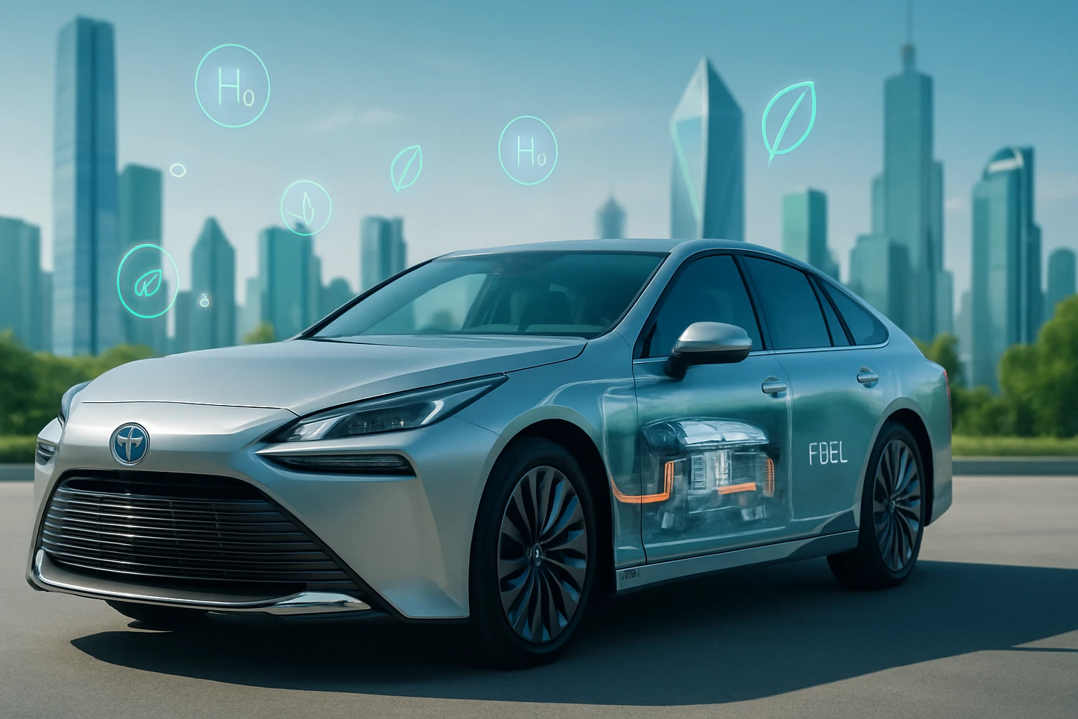 Egy ezüst színű Toyota hidrogén üzemanyagcellás autó, háttérben modern város.