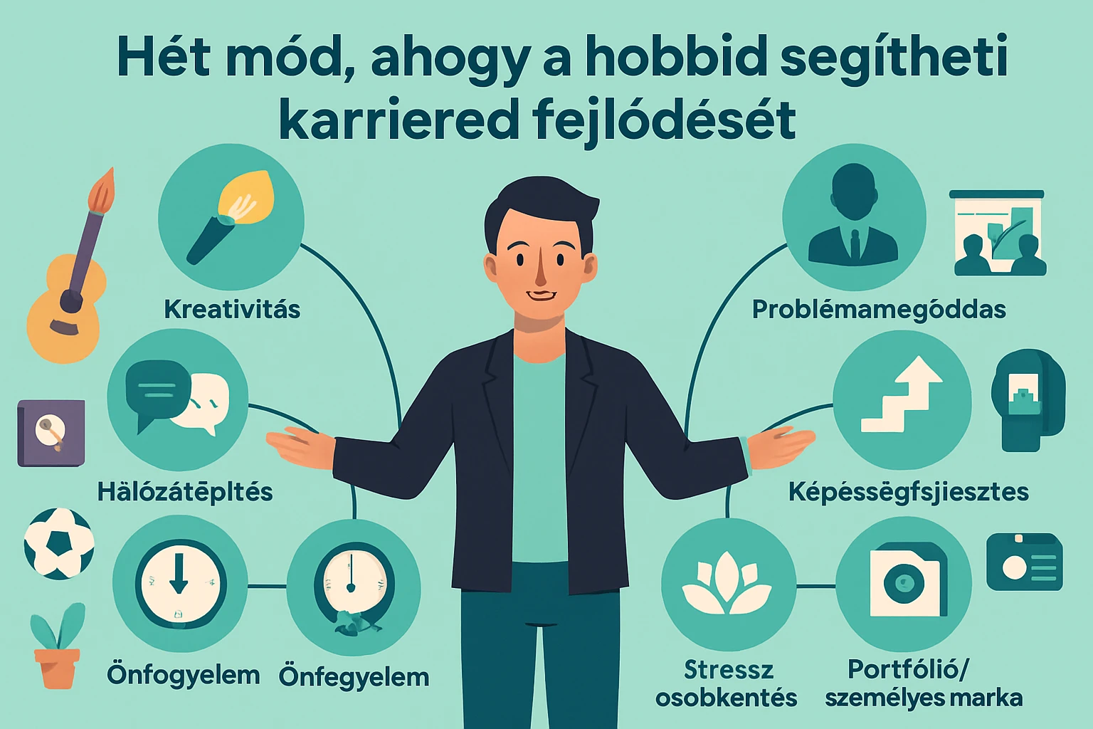 Egy férfi, aki karrierfejlesztési lehetőségeket mutat be, különböző hobbikra utaló ikonokkal.