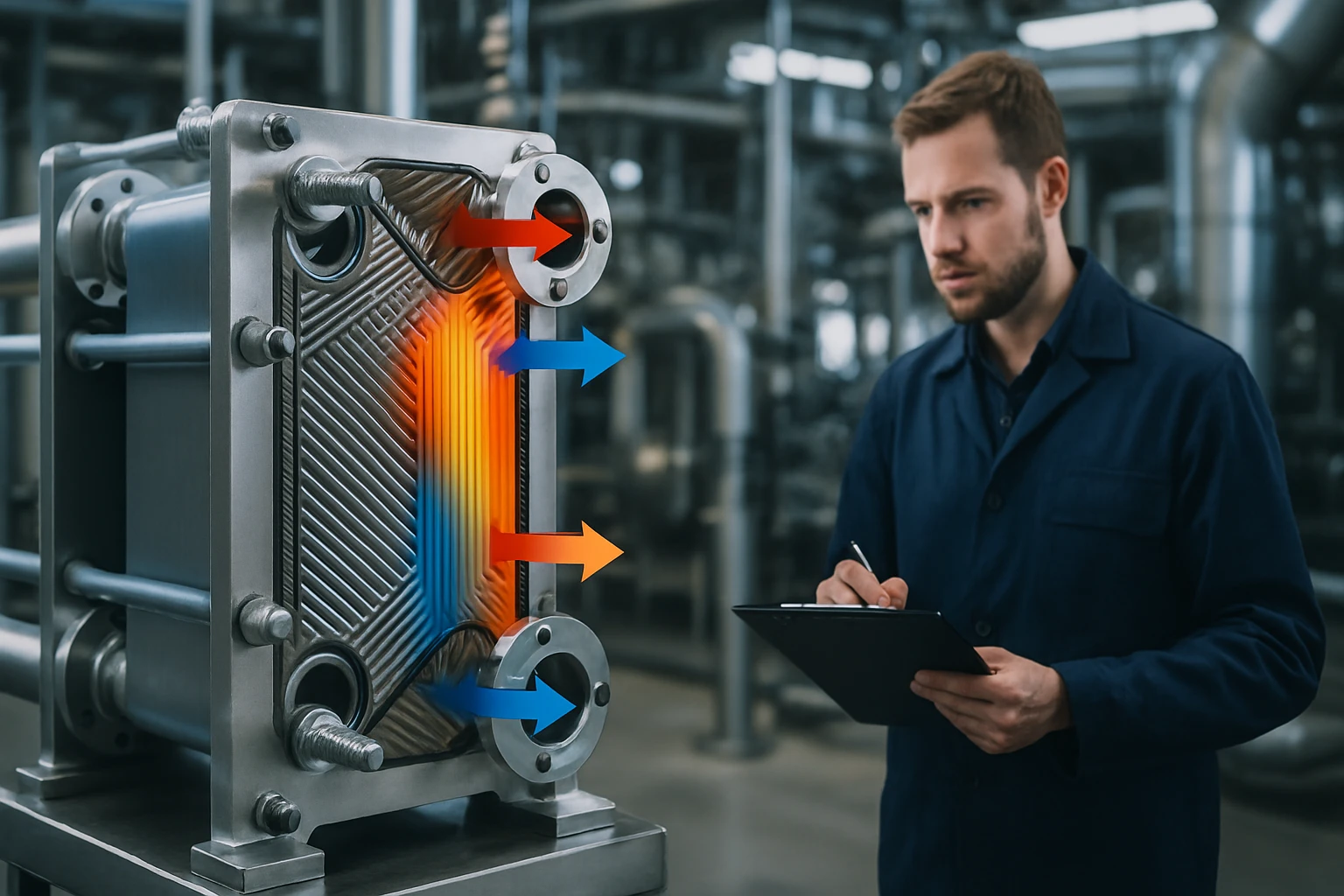 Egy mérnök egy hőcserélő berendezést vizsgál, amelyen a hőmérséklet-eloszlás látható.