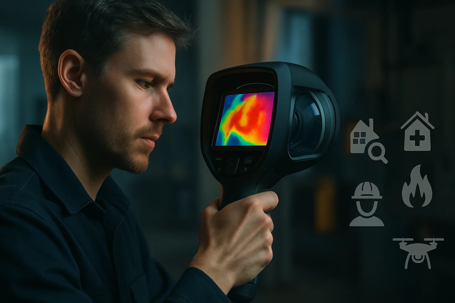 Egy férfi hőkamerát használ, a képernyőn színes hőmérsékleti kép látható.