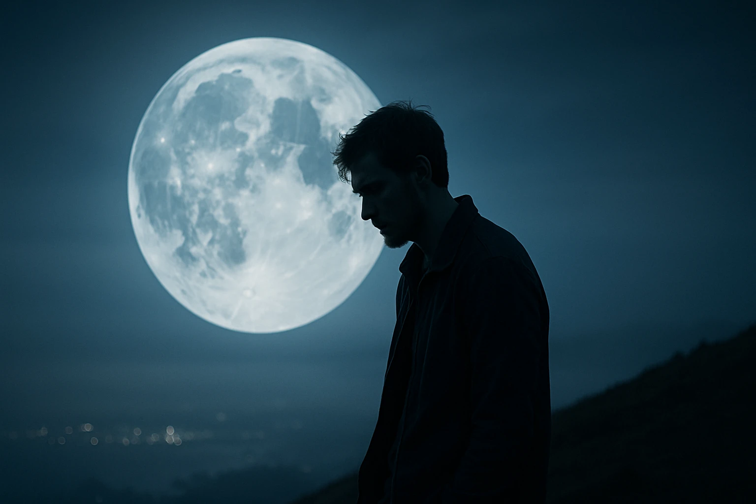 Egy férfi sziluettje látható a hold fényében, háttérben sötét égbolttal.