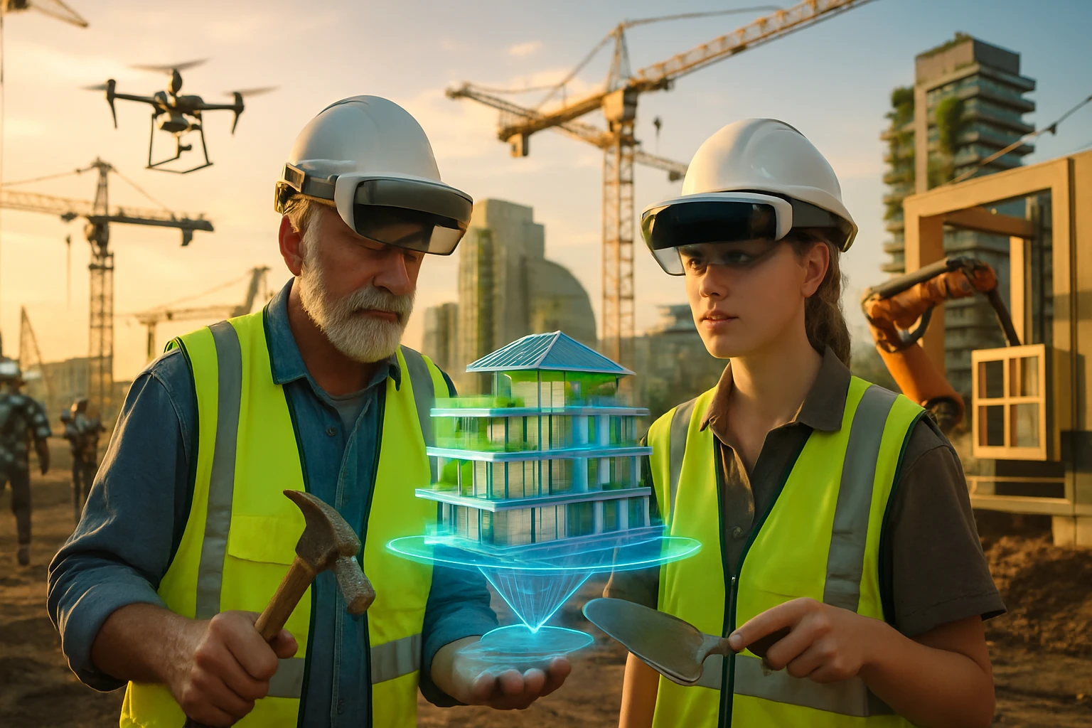 Két építőmunkás, akik holografikus épületmodellt néznek a munkaterületen.
