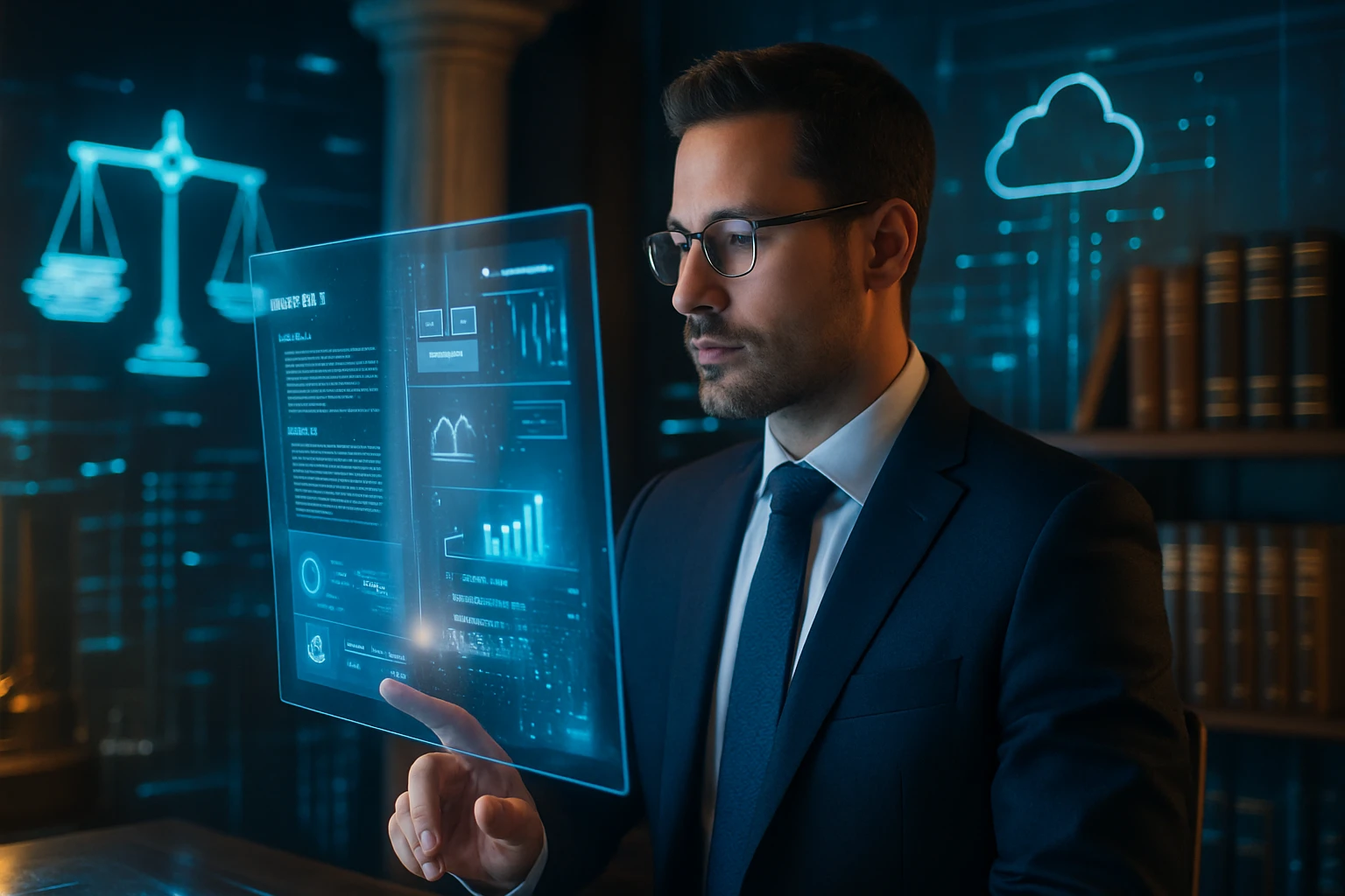Egy férfi öltönyben, aki holografikus adatokat néz egy virtuális képernyőn, jogi szimbólumokkal a háttérben.